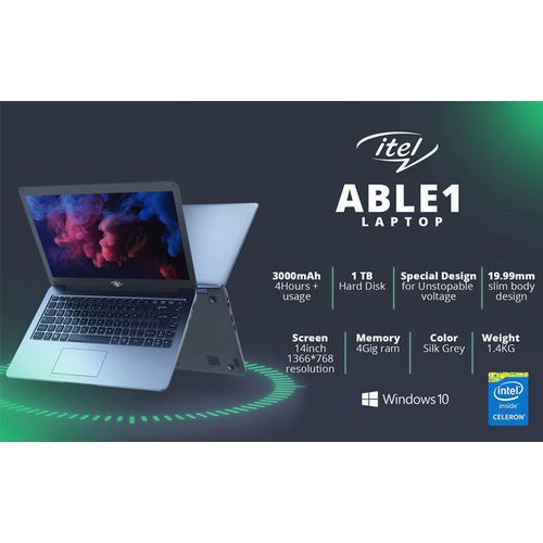 Itel Ordinateur Portable ABLE 1 - Dual Core - 4Go Ram - 1000 Go HDD - Windows 10 - 14'' Intel Celeron N3450