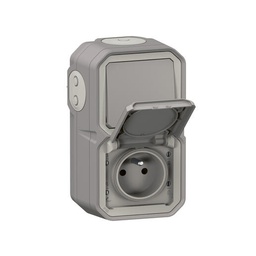 Prise de courant et va-et-vient étanche précâblés Plexo pour installation en vertical livrés complets pour montage en apparent gris