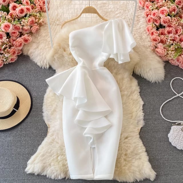 Robe de Soirée Sexy à Épaules Dénudées pour Femme, Coupe Diagonale Irrégulière, Taille Haute, Volants, Moulante, Décontractée