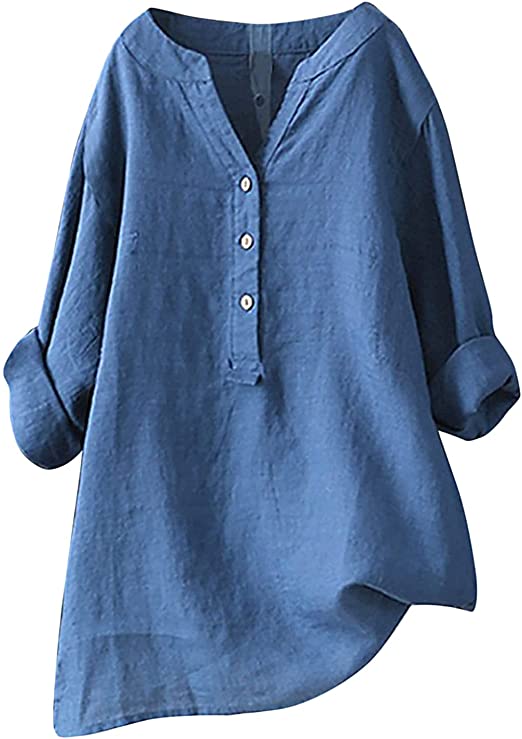 T-Shirt Grande Taille Pour Femmes Haut Décontracté En Coton Et Lin à Manches Longues Boutons à Col En V | False