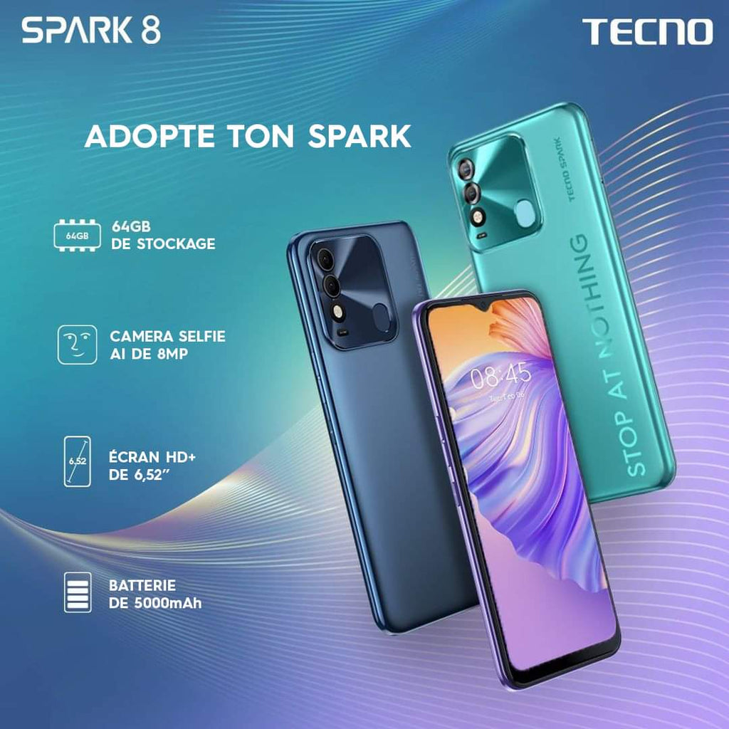 Tecno Spark 8 - 4G- 2SIM - 2/64Go - 16/8 Mpx - 5000mAh - Bleu