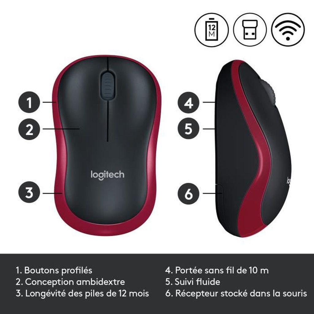 Logitech Souris Sans Fil - M185/M186 - Gris/Noir/Bleu/Rouge