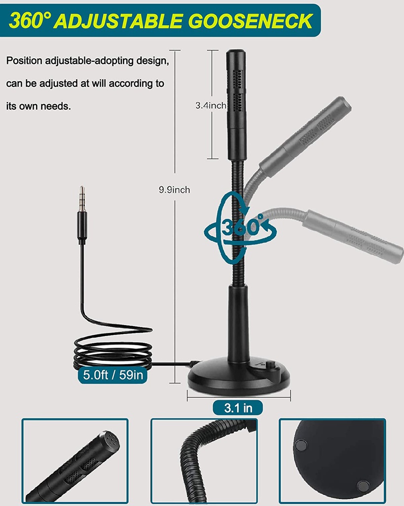 Microphone De Bureau Omnidirectionnel USB Plug-and-play à 360 ° Réglable