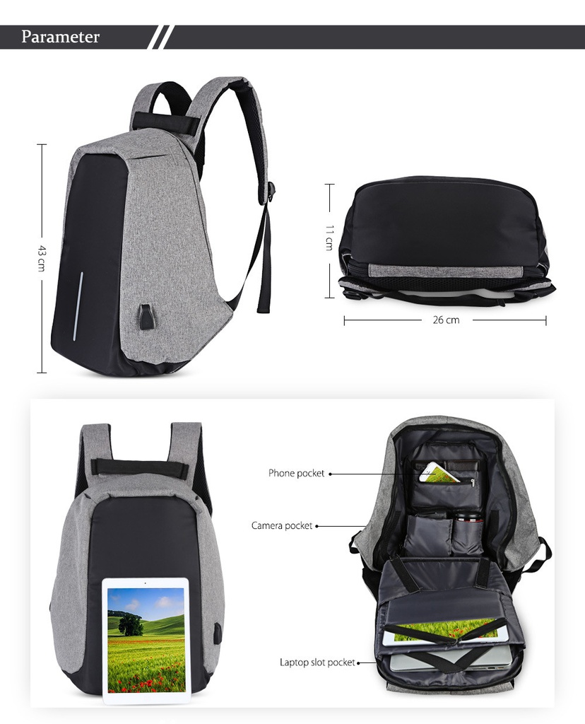 Smart Sac à Dos Intelligent Avec USB Port - Antivol - Résistant à L'eau Compatible Ordinateur Portable