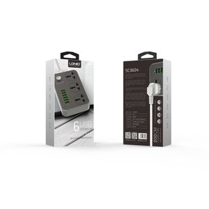 Ldnio Multiprises SC3604 - 6 Ports De Charge USB 3.4A Max 2500W - 10A - 2 M Extension - 3 Prises De Courant - Gris/Noir