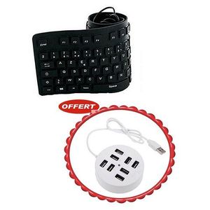 Clavier Flexible USB + Multiports USB HUB 08 Ports - Noir/Blanc
