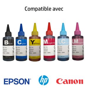 Bouteille D'encre - Compatible Epson &amp; Canon à Réservoir - 100ML - 6 Couleurs