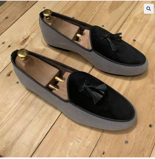 chaussures hommes- Mocassin 2 tons gris noir pompon