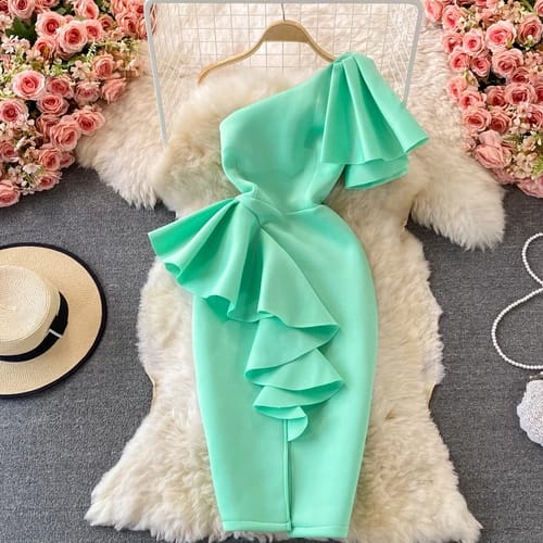 Robe de Soirée Sexy à Épaules Dénudées pour Femme, Coupe Diagonale Irrégulière, Taille Haute, Volants, Moulante, Décontractée