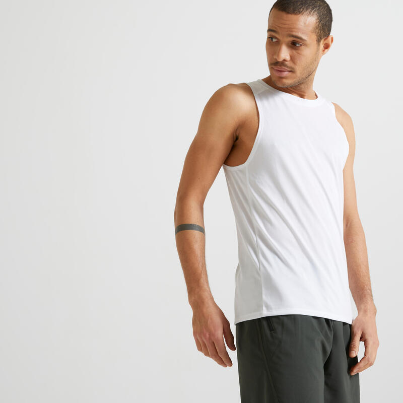 DÉBARDEUR DE FITNESS ESSENTIEL RESPIRANT COL ROND HOMME - BLANC