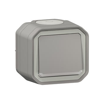 Poussoir lumineux étanche Plexo 10A livré complet avec voyant pour montage en apparent gris