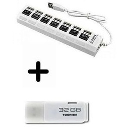 Multi-Port USB 7 En 1 Avec Contact + Cle USB 32Gb Offerte  - Blanc