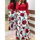 Robe Manches Longues Imprimée Fleurs - Rouge