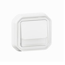 Poussoir inverseur lumineux étanche avec porte-étiquette Plexo livré complet pour montage en encastré avec griffes blanc